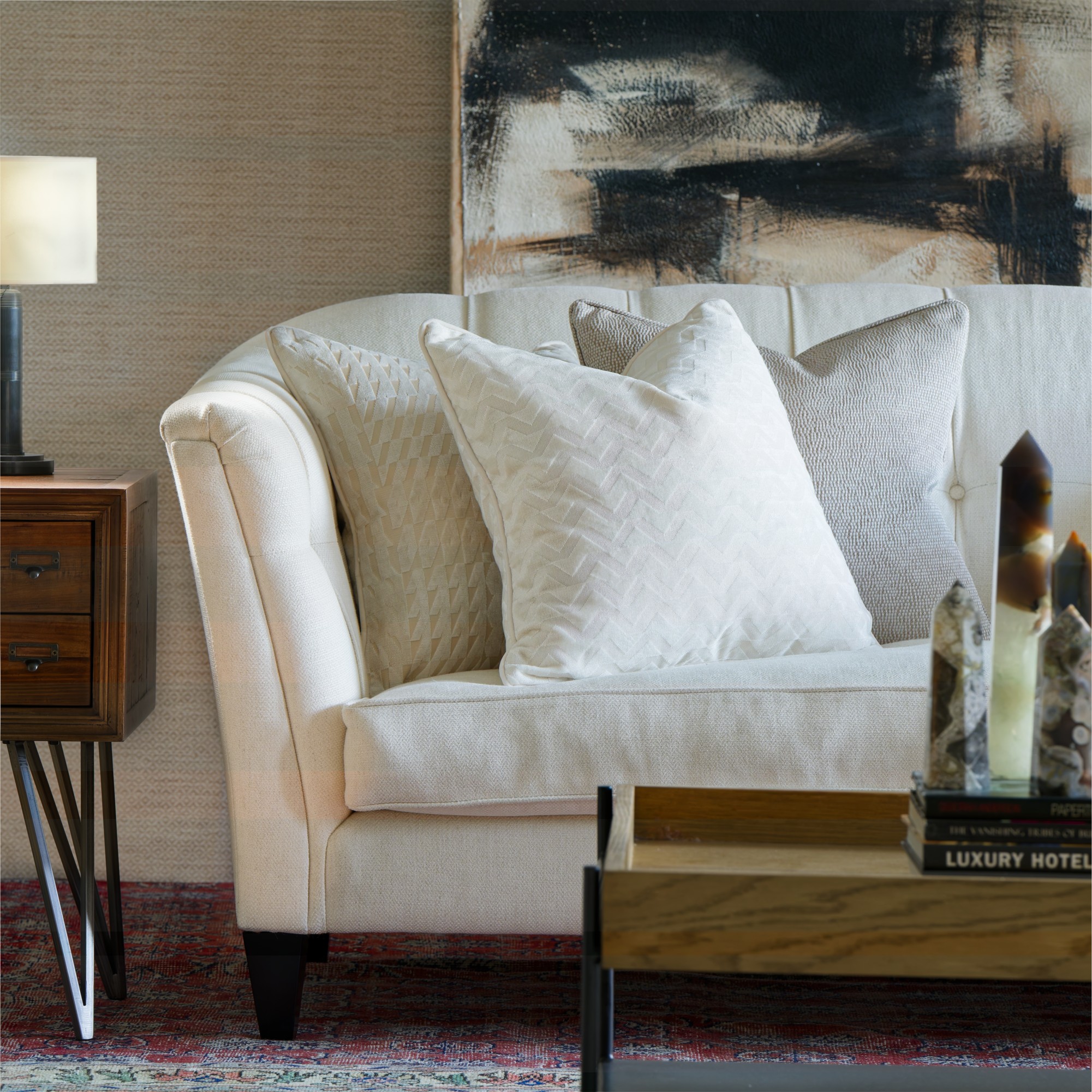 Hudson Ivory, Sustainable Feather, Cushion, 55cm x 55cm - Andrew Martin Velvet Geometric