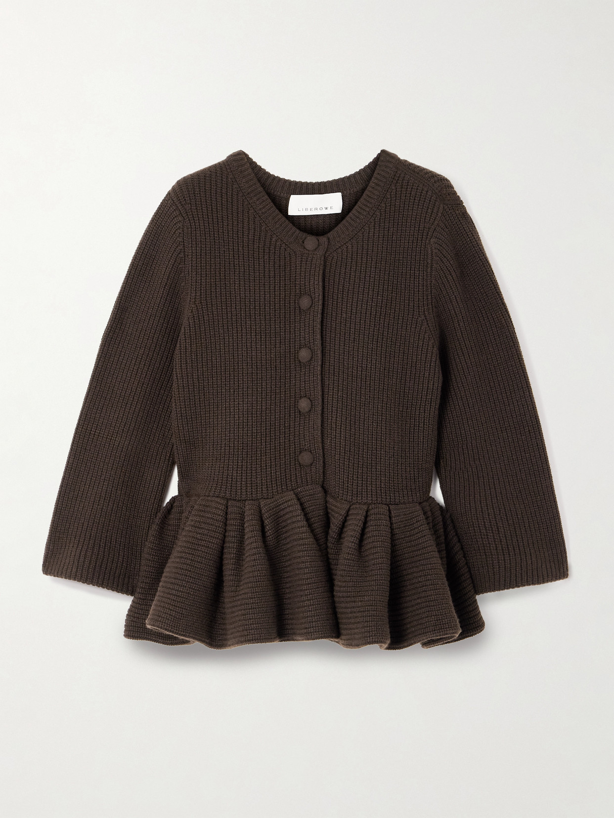 Ruffled Cashmere Peplum Cardigan - Brown