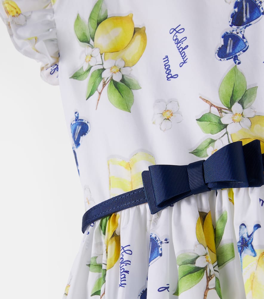 Belted printed ruffled cotton dress