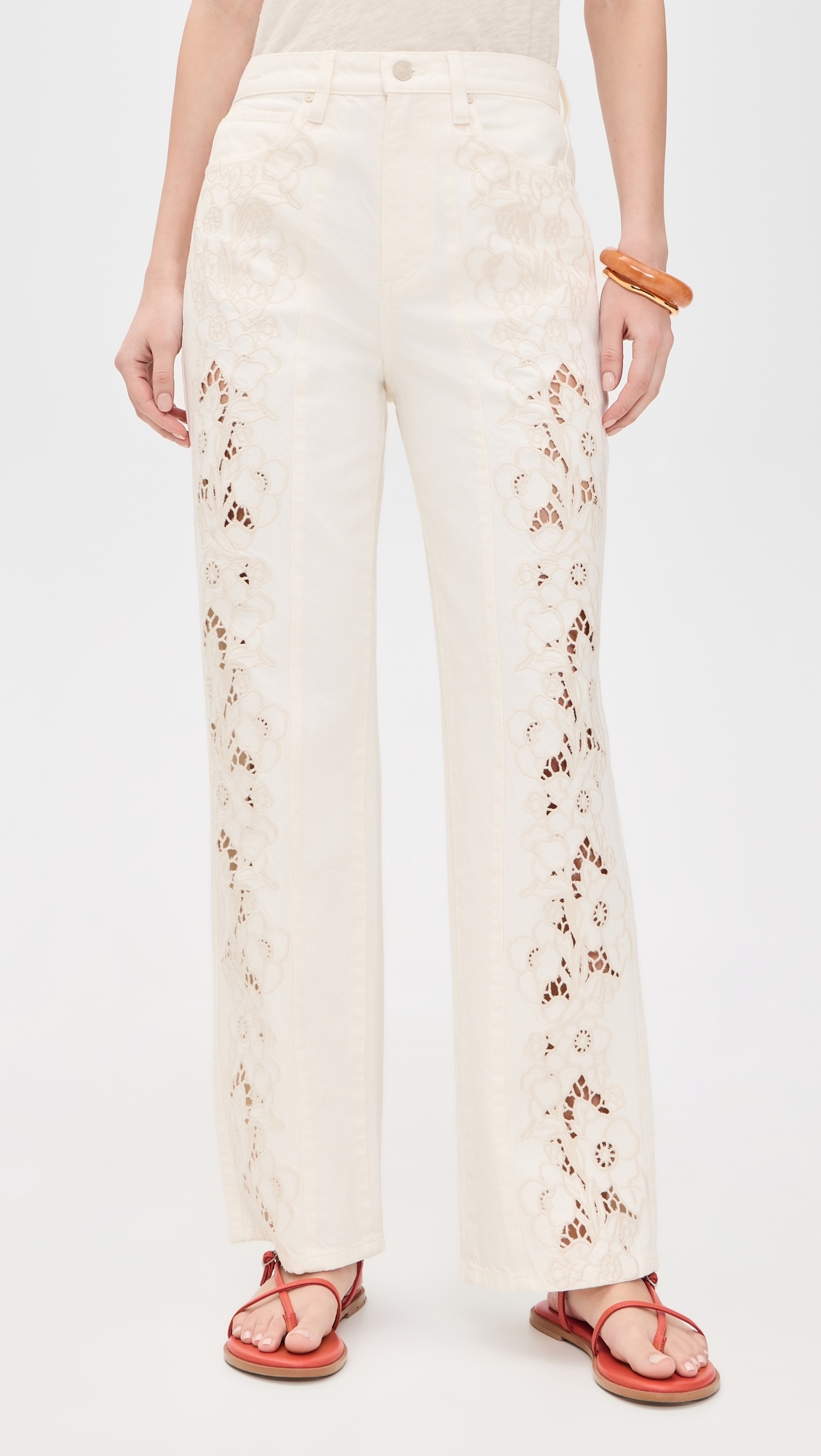 Sawyer Wide Leg Jeans Tonal Ecru Embroidered