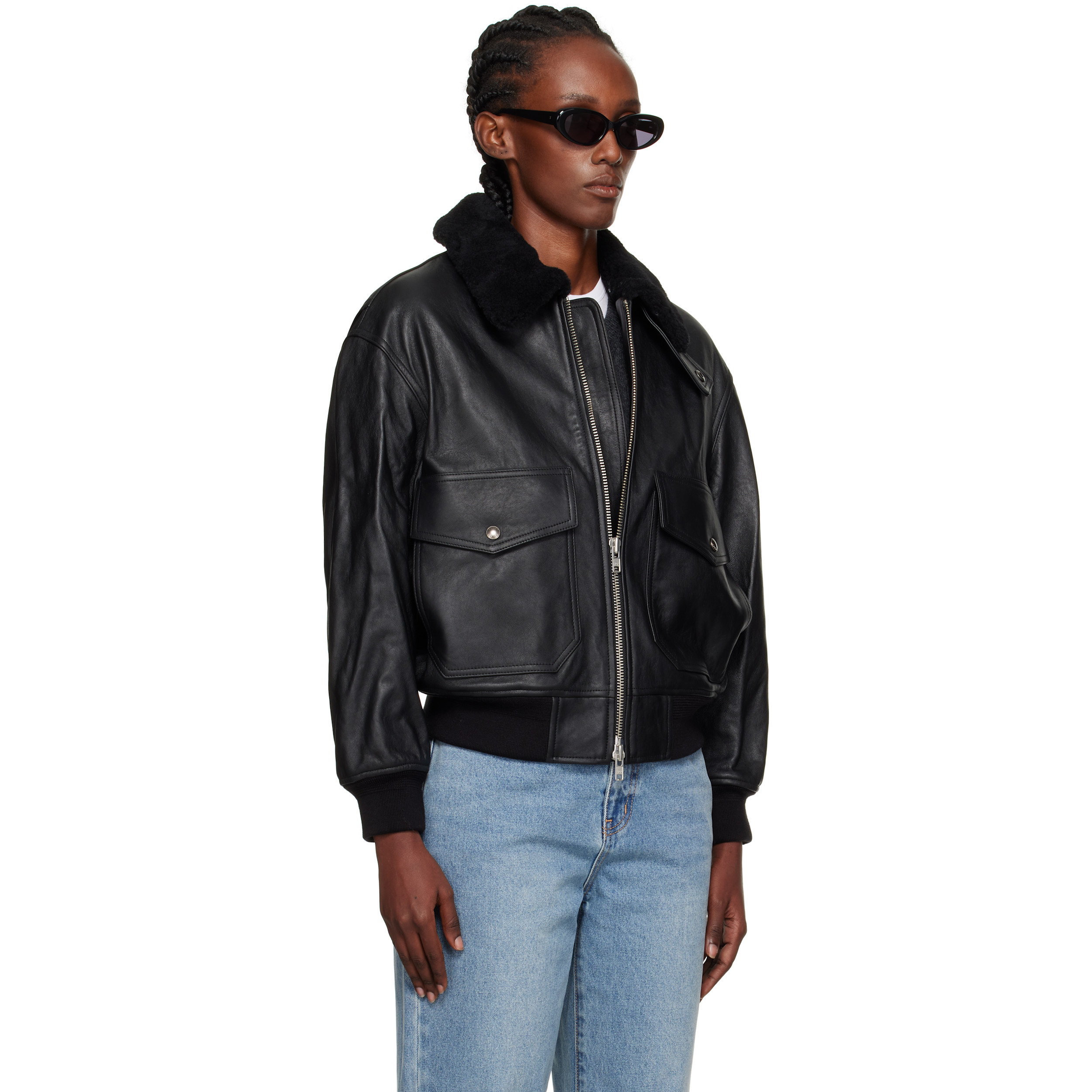 Black A-2 Shearling Collared Leather Jacket