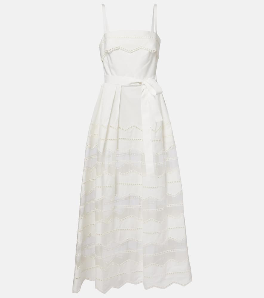 Belted organza-trimmed cotton maxi dress