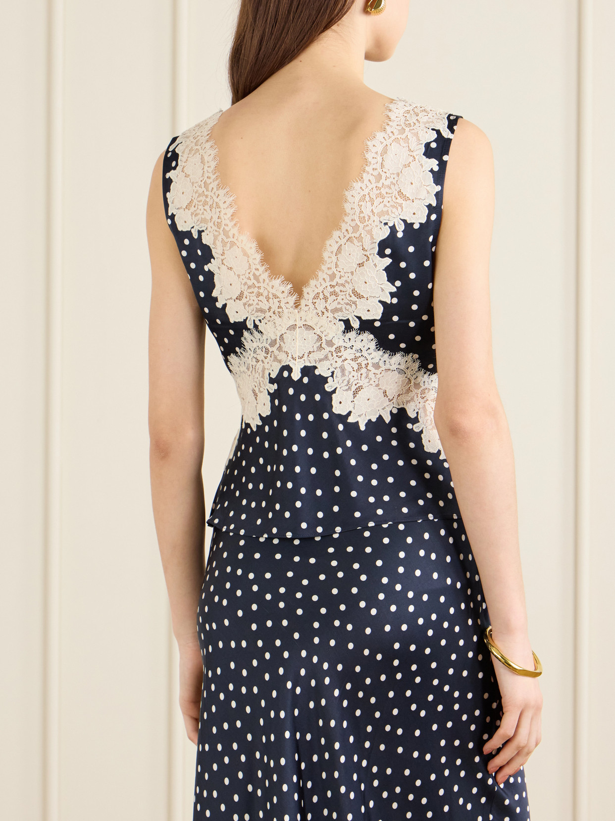 Emmie Lace-trimmed Polka-dot Satin Top - Navy