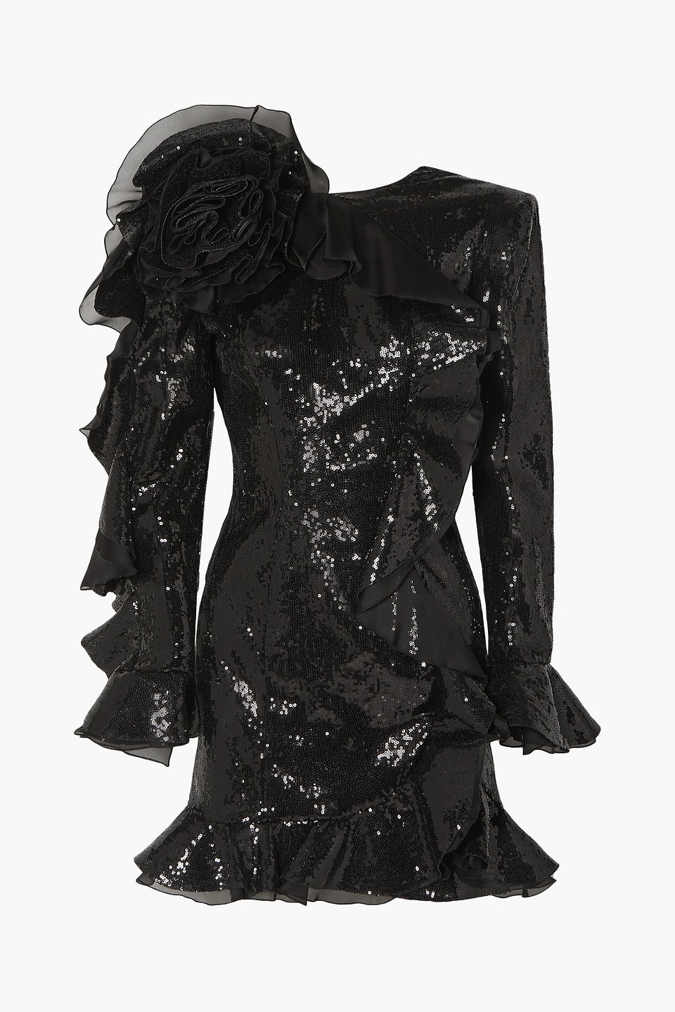Ruffled organza-trimmed sequined crepe mini dress - Black - IT 44