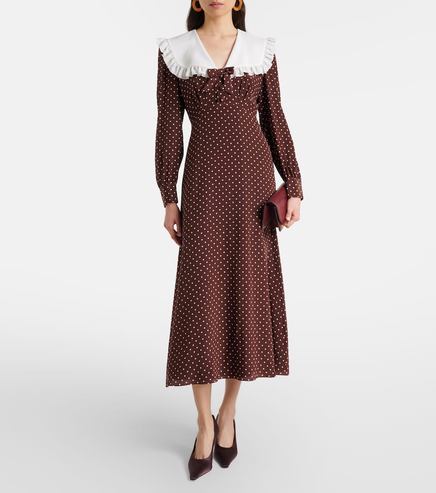 Polka-dot ruffled silk midi dress