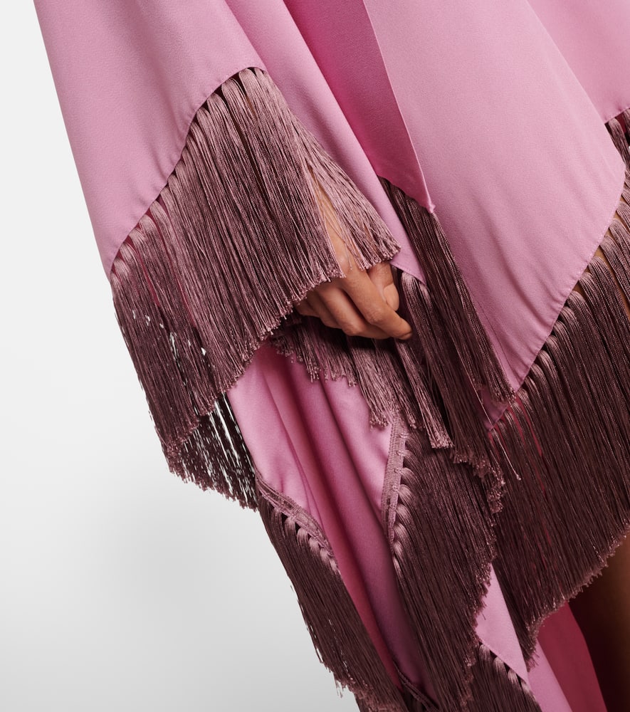Asymmetric fringed satin kaftan