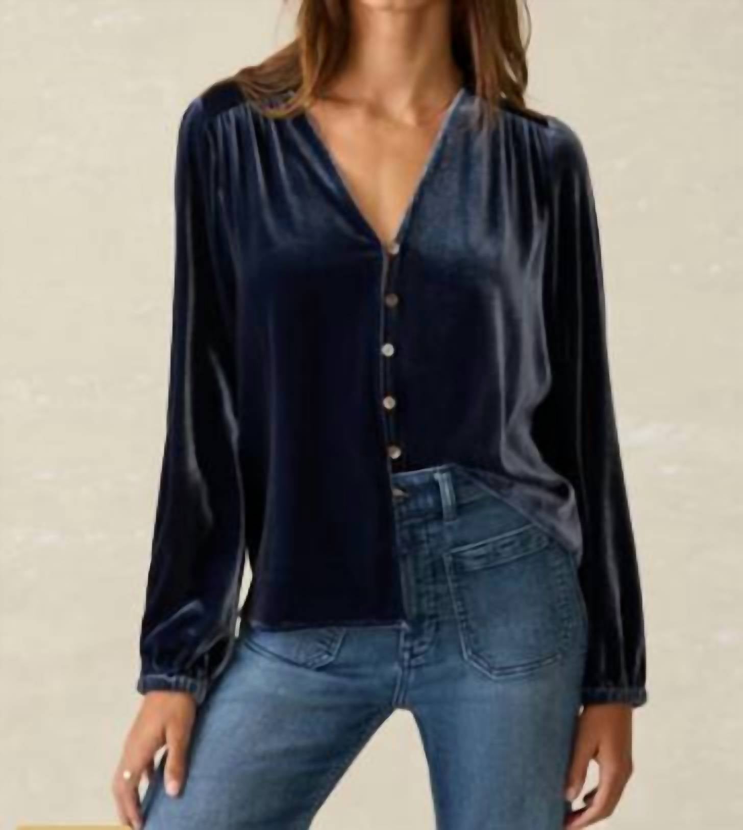 Stretch Silk Velvet Rowan Top In Navy