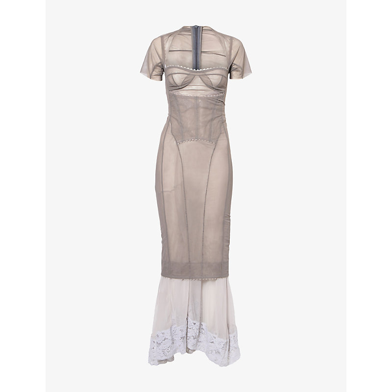 Womens Cloudy Border Short-Sleeve Stretch-Mesh Maxi Dress