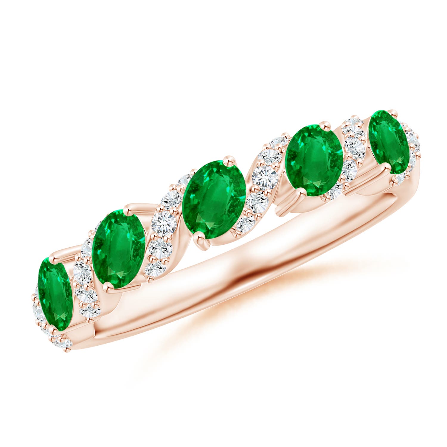 Angara 0.6 Carat Five Stone Oval Emerald Swirl Ring with Diamonds in 14K Rose Gold