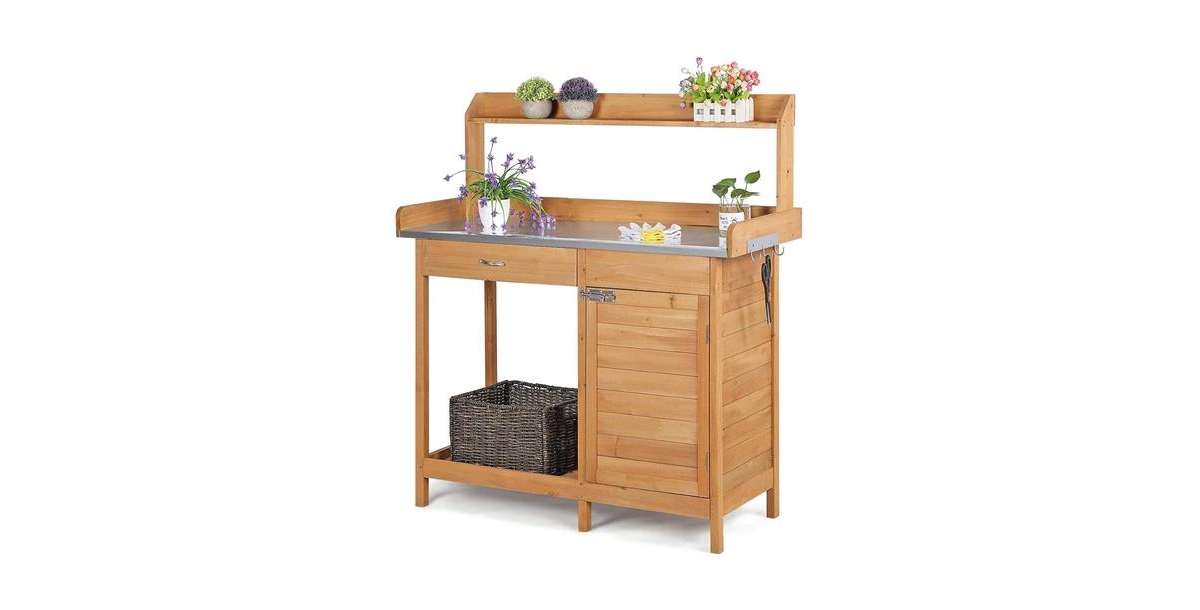 Potting Bench with Galvanized Steel Table Top for Durable Outdoor Gardening - Natural