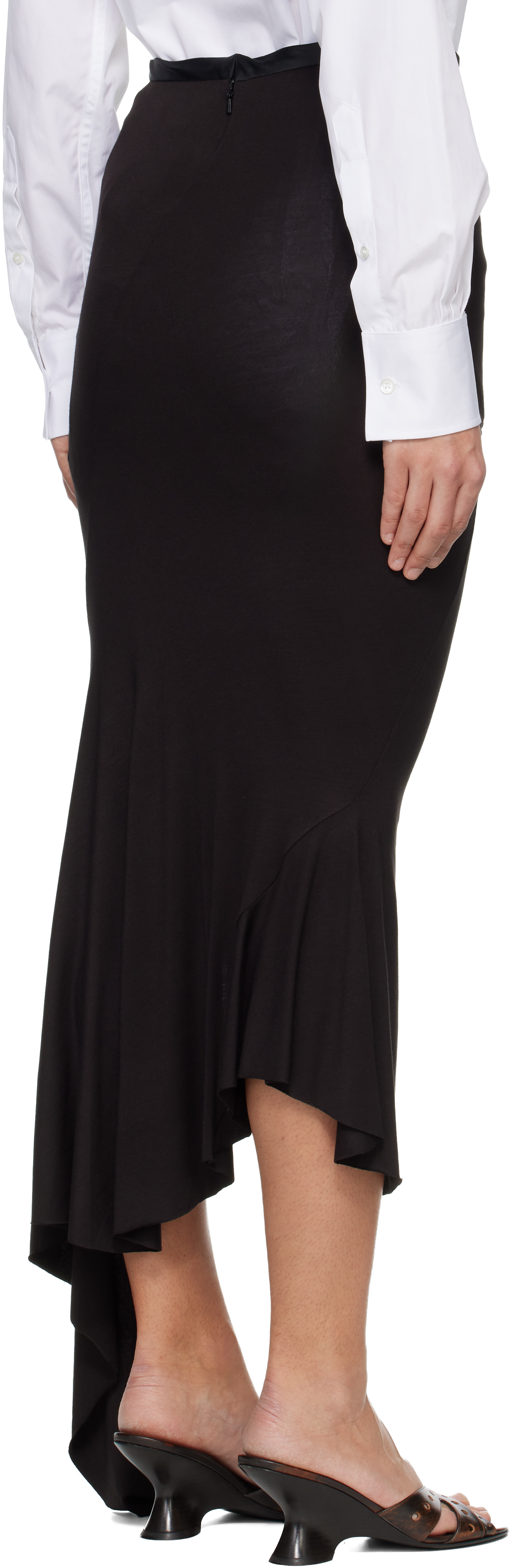 Black Jersey & Satin Fishtail Midi Skirt