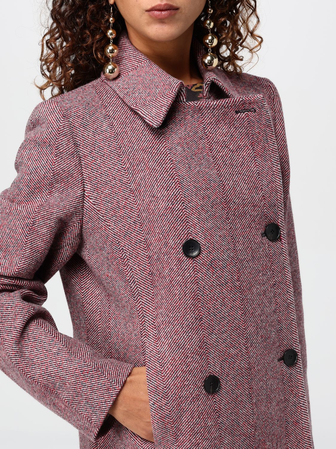 Herringbone-pattern double-breasted coat - Red