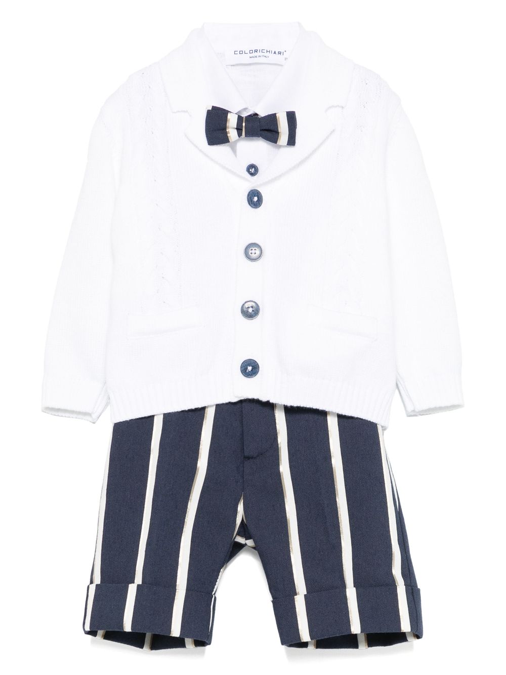 Striped shorts, shirt and cardigan set - White