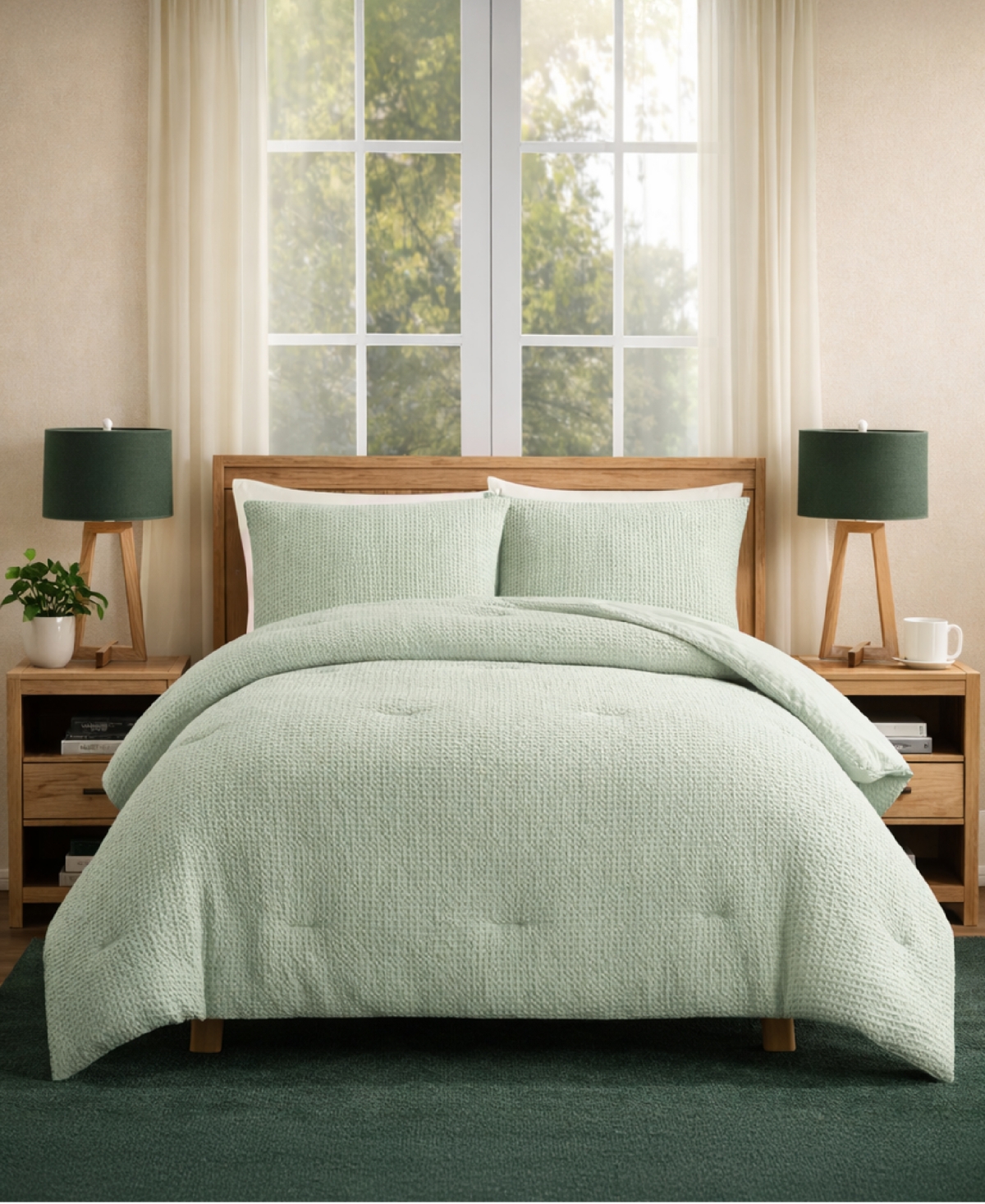 Stone Washed Cotton Waffle 3-Piece Comforter Set, King - Light Sage