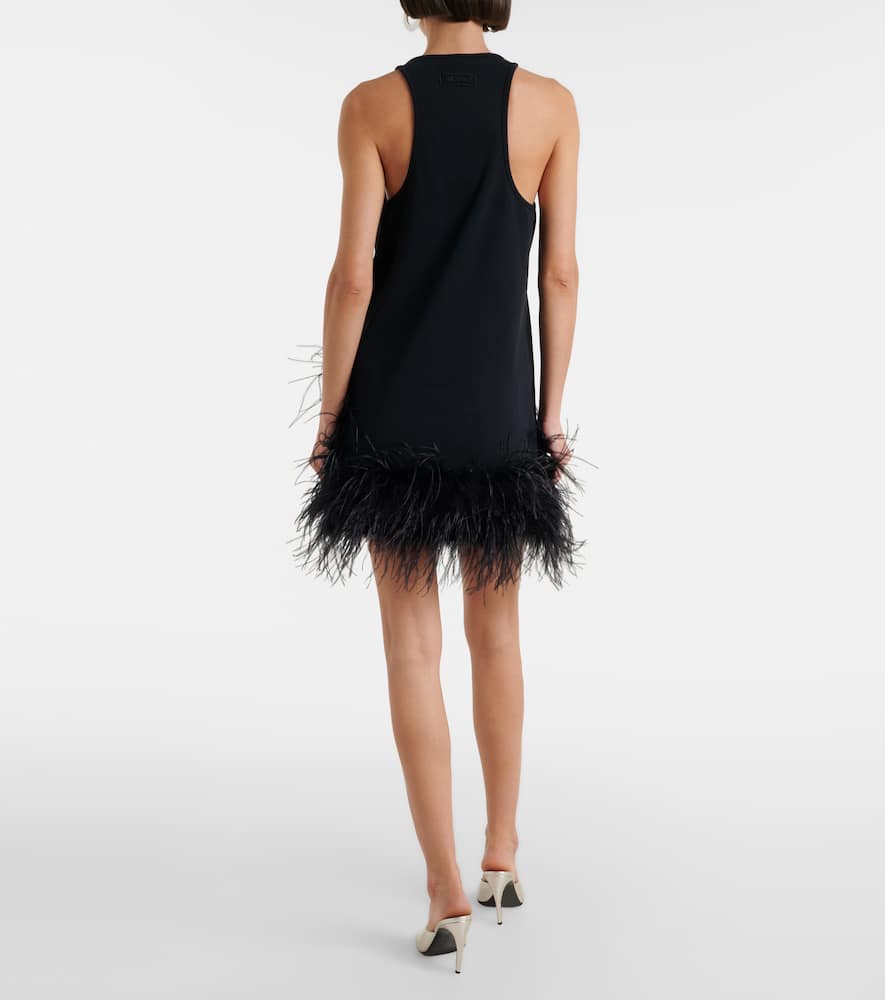 Ribbed-knit feather-trimmed cotton minidress