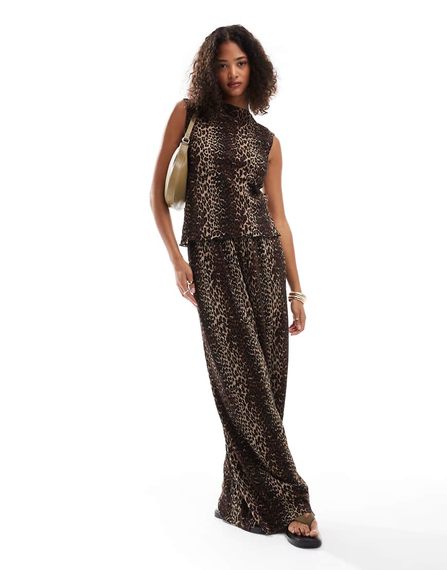 Pieces mini plisse wide leg trouser co-ord in leopard print-Multi