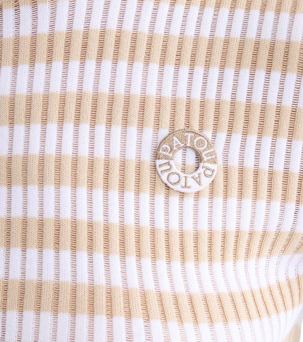 Beige Stripes Mock Collar T-Shirt