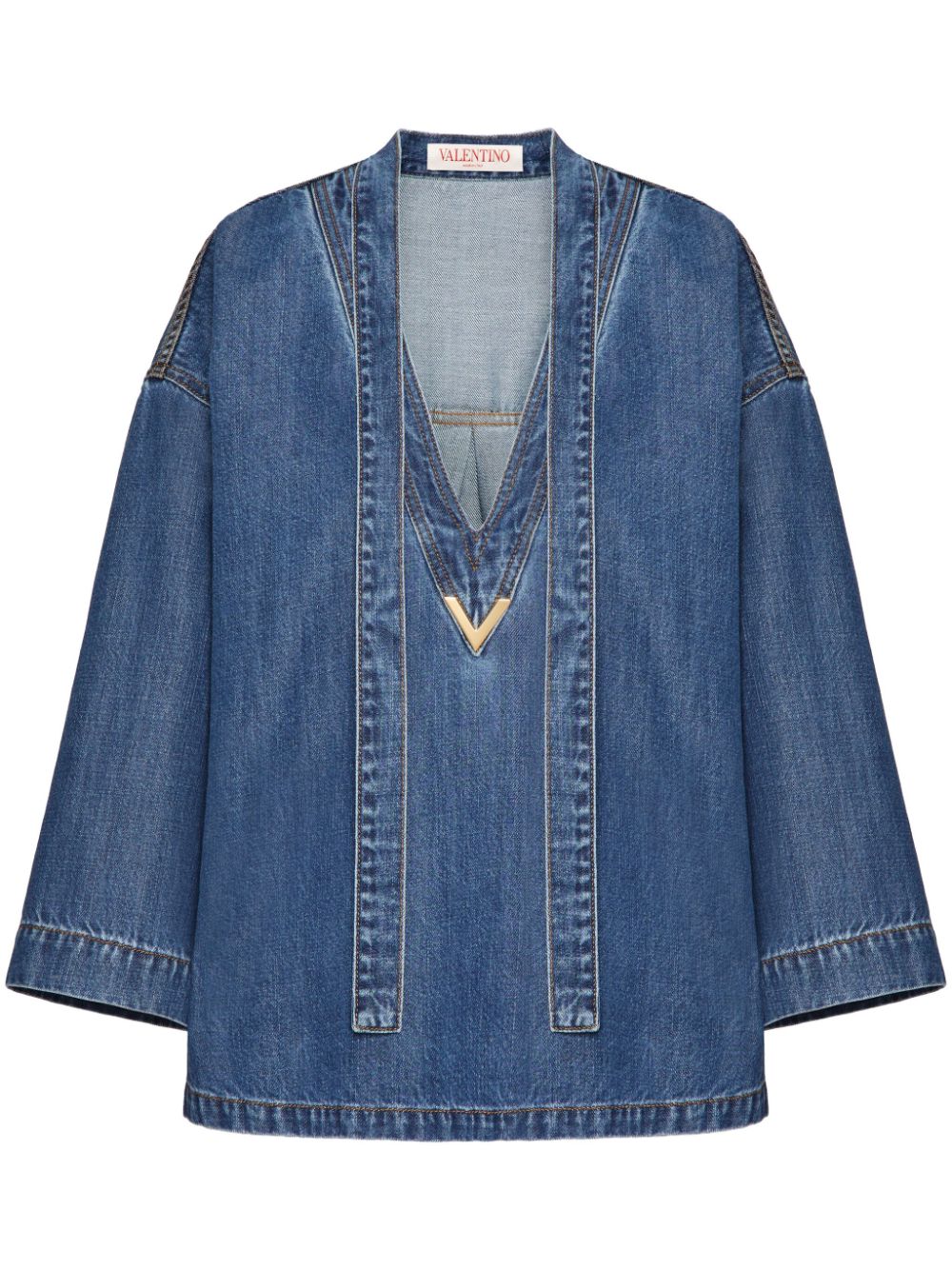 V-plaque denim blouse - Blue