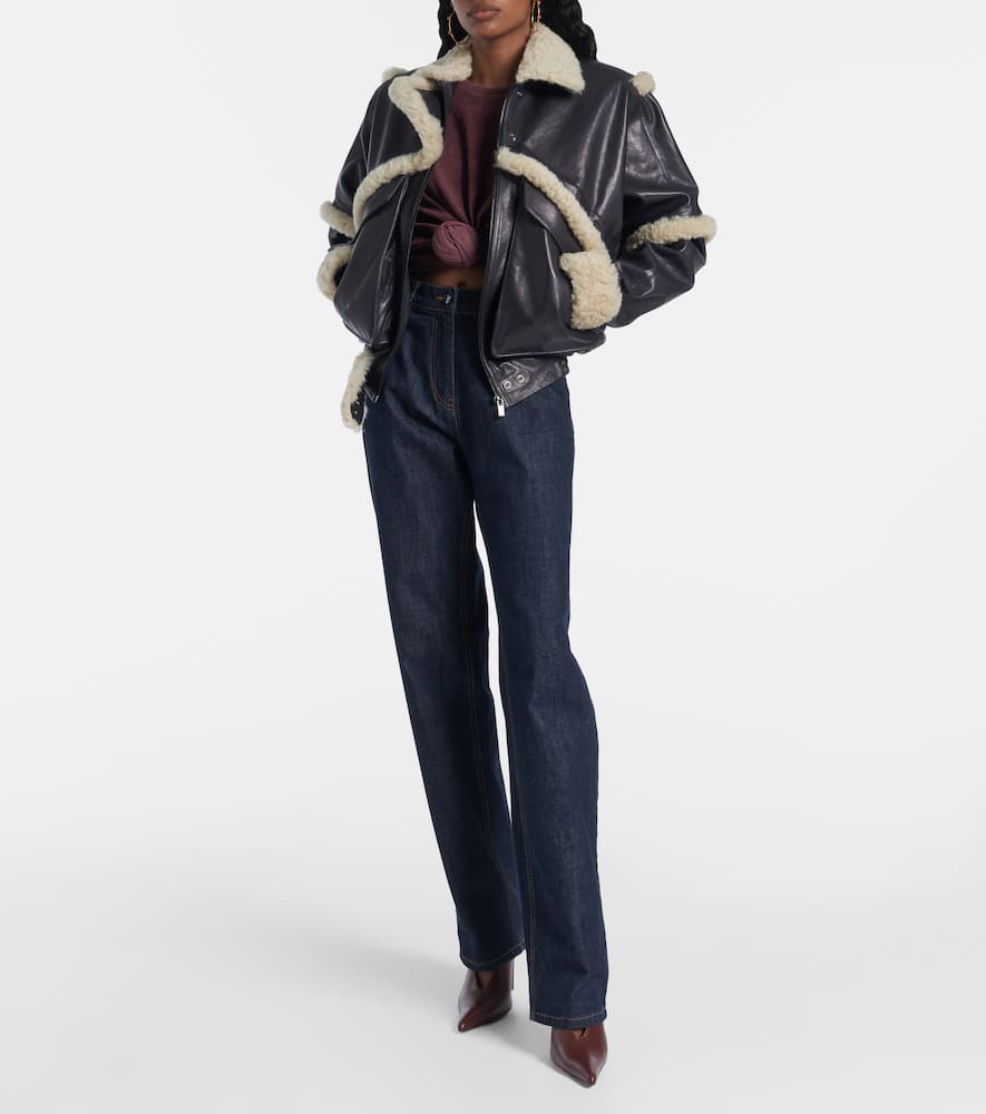 Shearling-trimmed leather bomber jacket