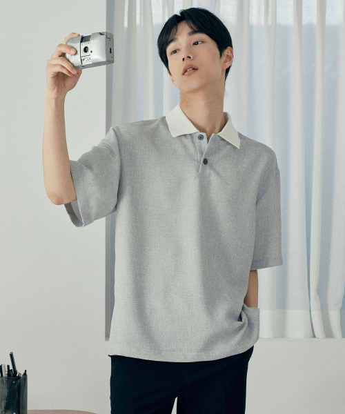 Collar Point Pullover Gray Oversized Short Sleeve Shirt
