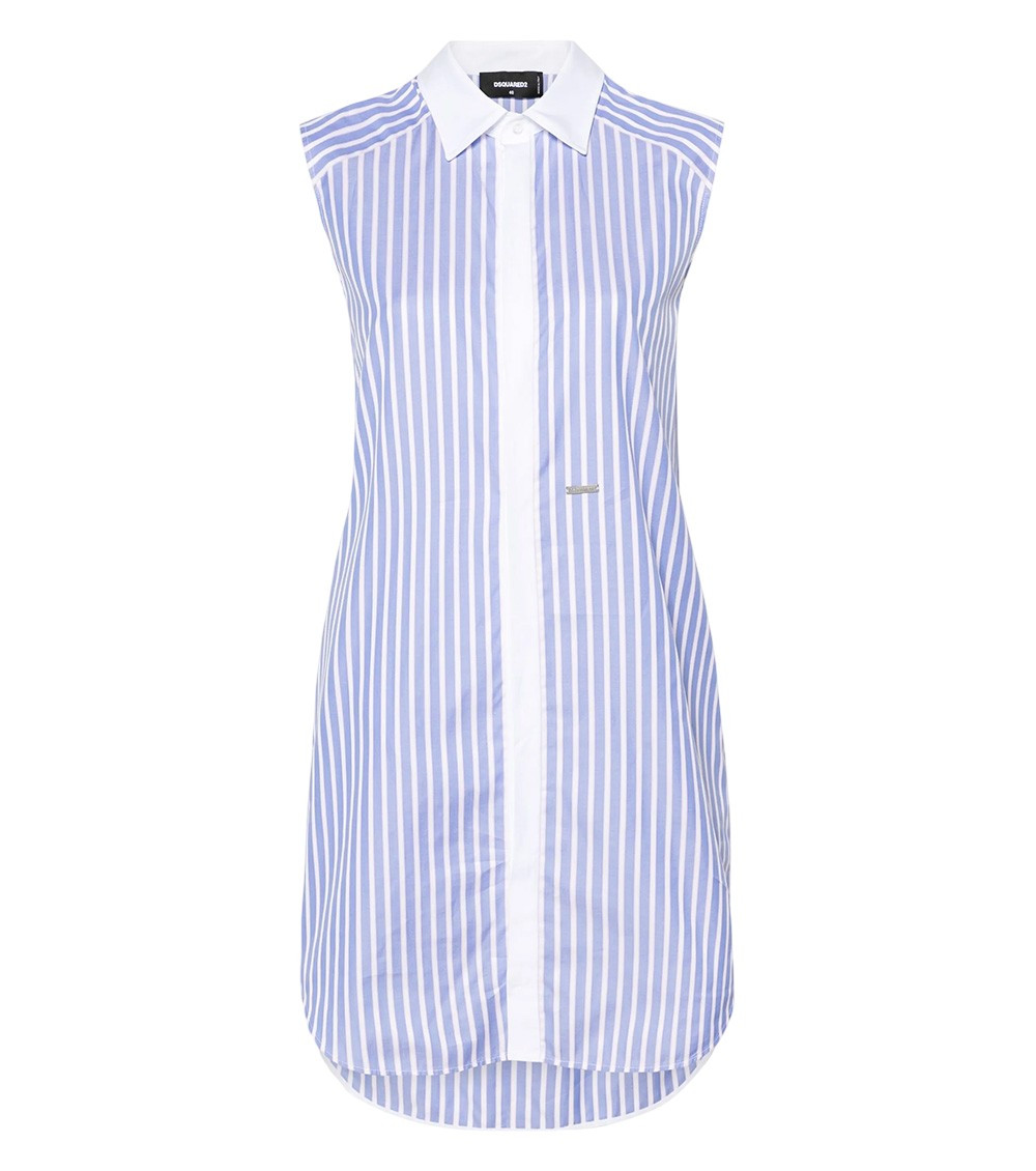 Sky Blue Stripes Shirt Collar Mini Dress