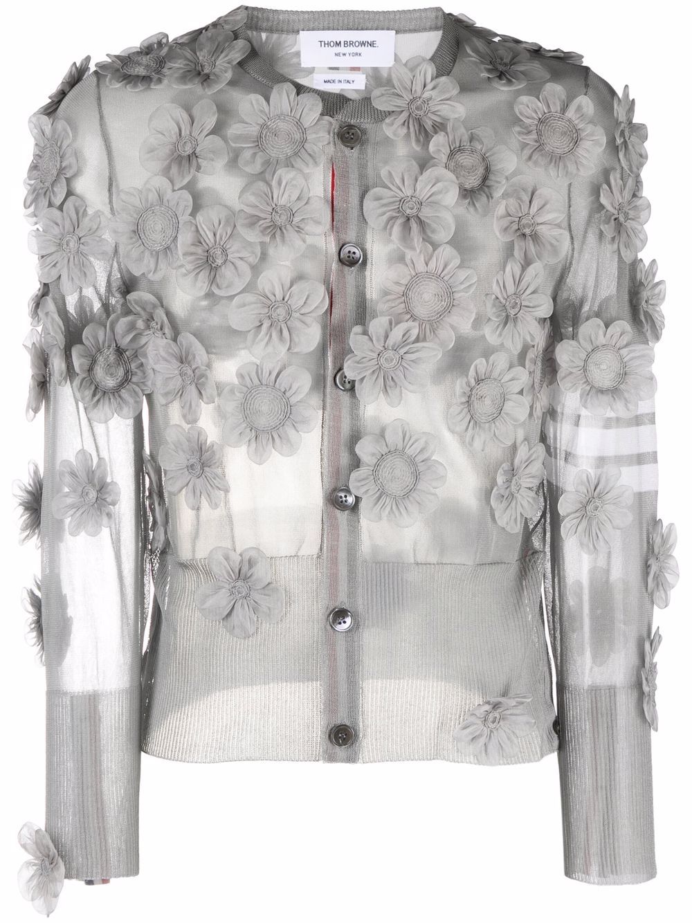 Floral-appliqué semi-sheer organza cardigan - Grey