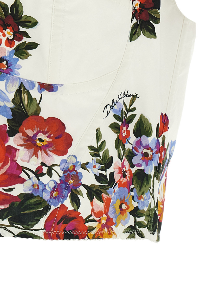 Multicolore Bustier Top With V-neck And All-over Floral Print In Cotton Woman