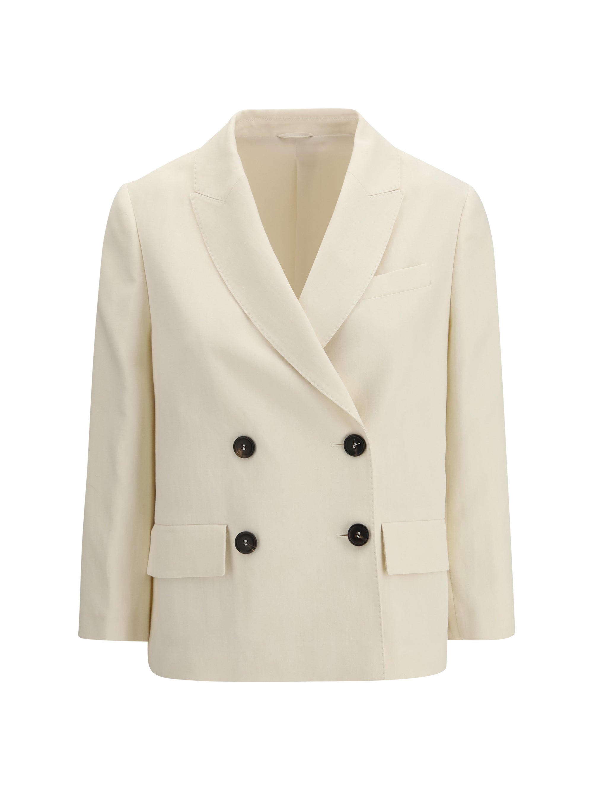 Double-Breasted Fluid Twill Blazer — Beige