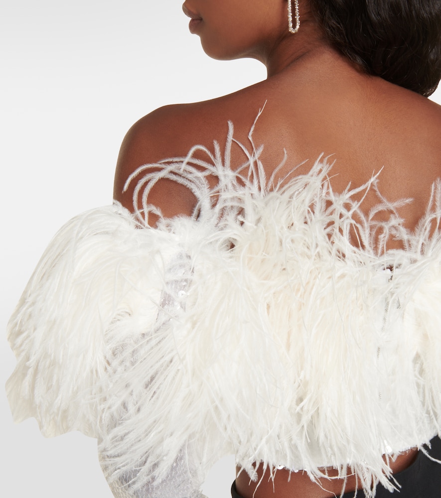 Sequined feather-trimmed crop top