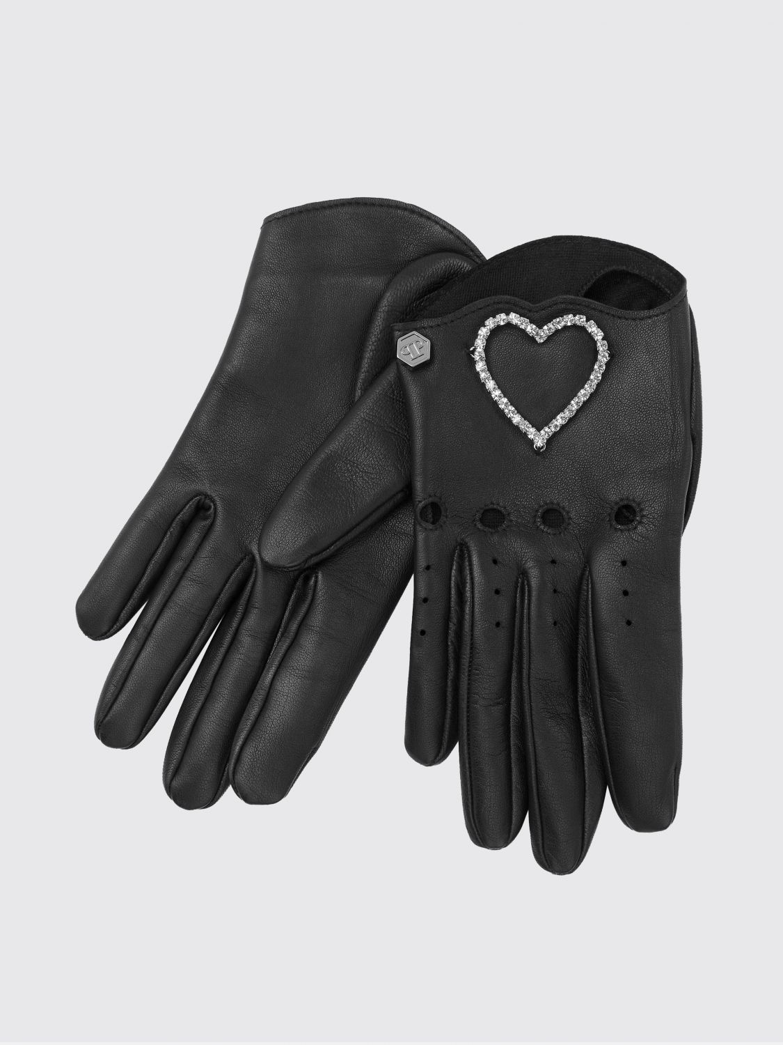 Heart-appliqué leather gloves - Black