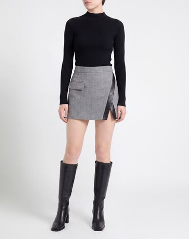 Woman Mini skirt Grey Size 8 Wool, Polyester, Viscose, Elastane, Leather
