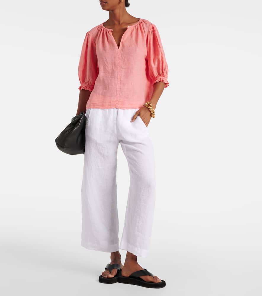 Puff-sleeve linen top