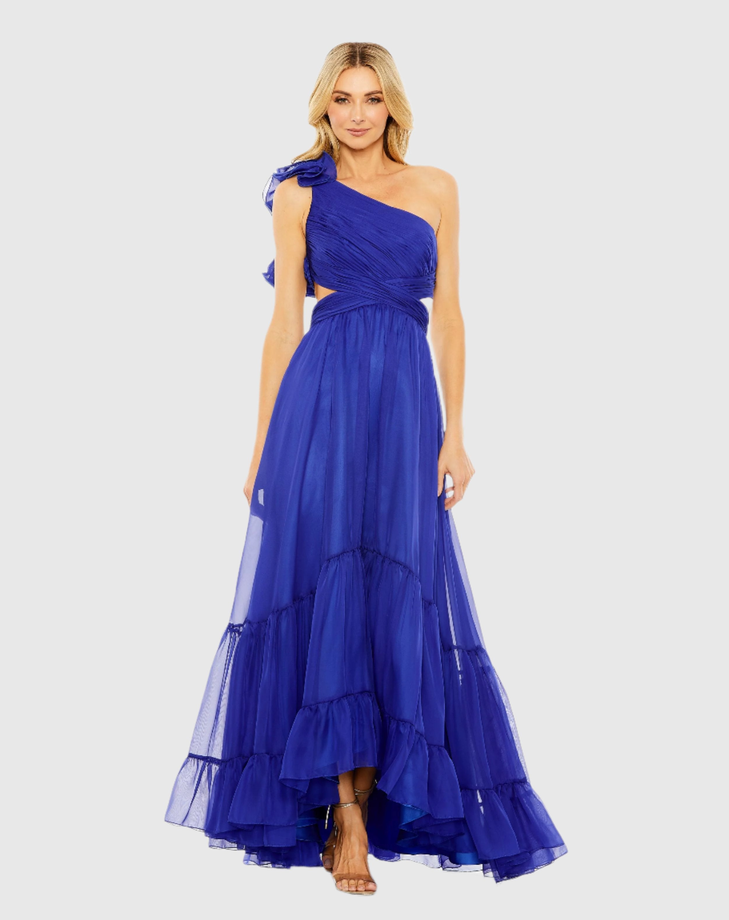 One Shoulder Ruffle Tiered Cut-Out Chiffon Maxi Gown In Blue
