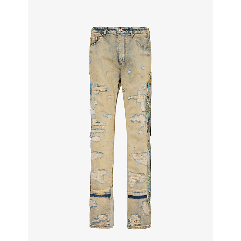 Mens Denim Unfurled Brand-motif Straight-leg Regular-fit Jeans