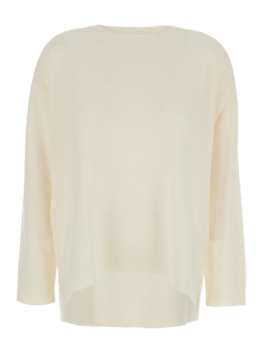 White Crewneck Sweater With Asymmetric Hem In Wool And Cashmere Woman