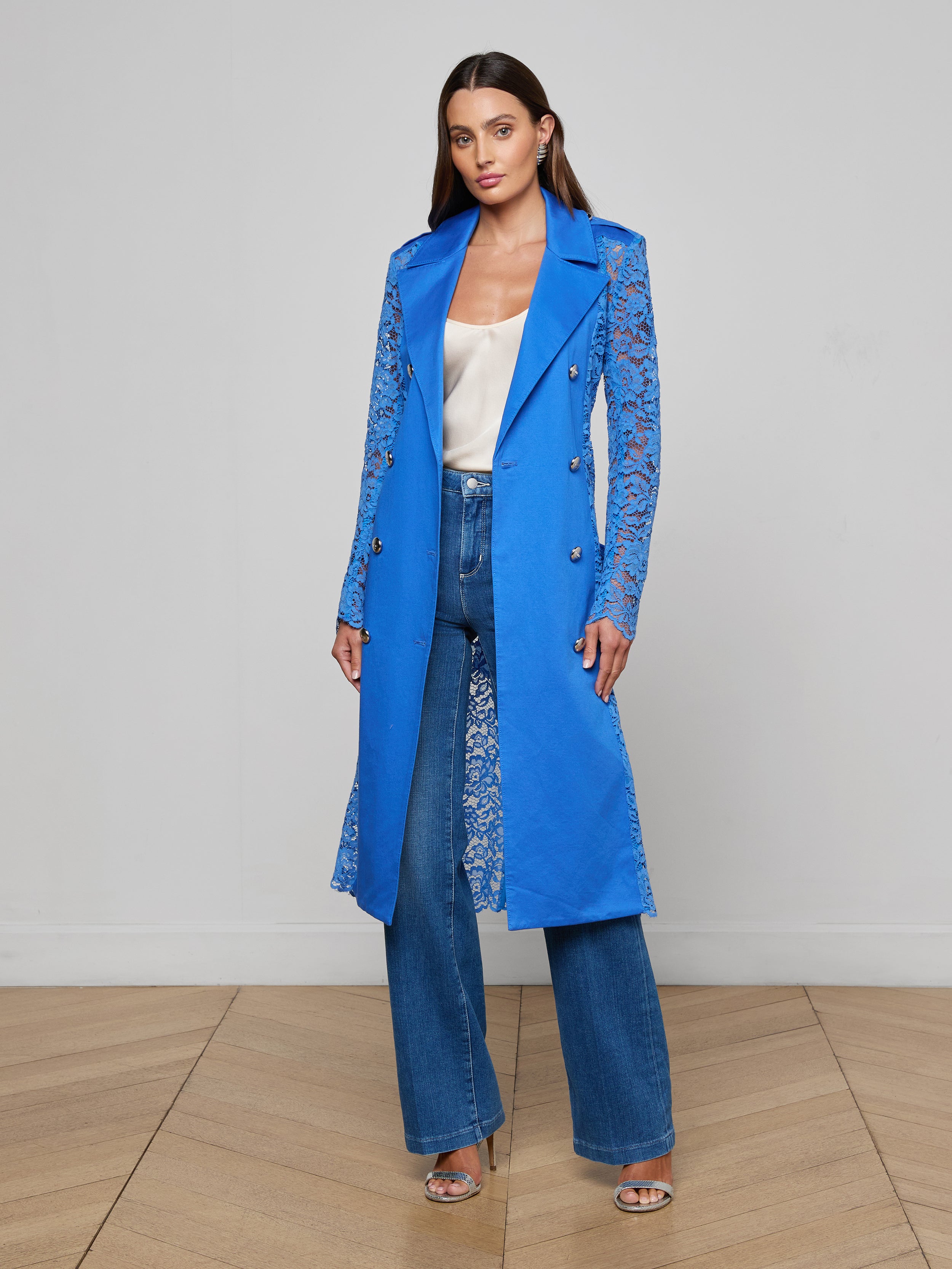 Amata Lace Trench Coat In Regatta Blue