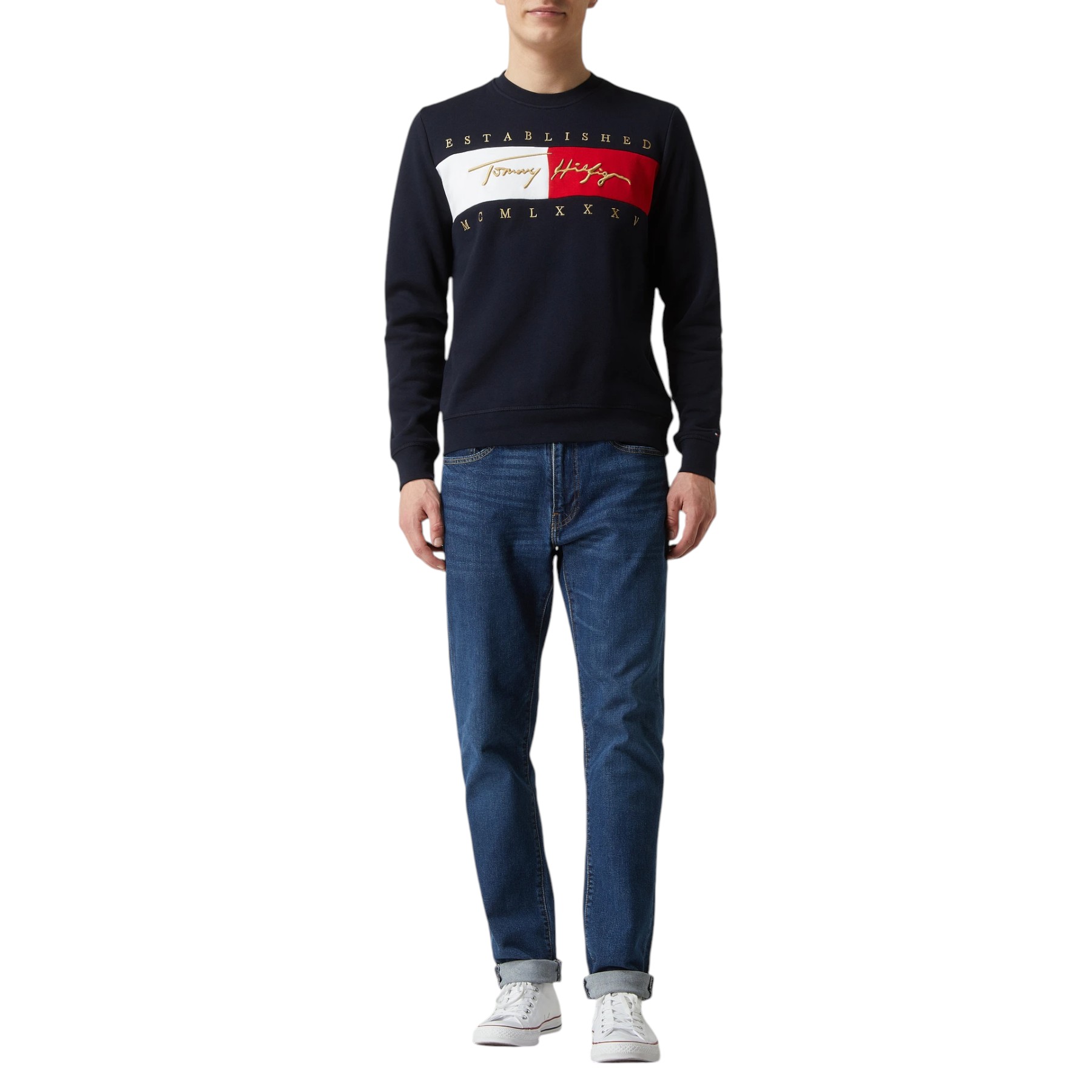 Tommy Hilfiger Mens Sweatshirts Signature Flag Fleece Pullover Crew Neck Jumper - Navy Cotton - Sma