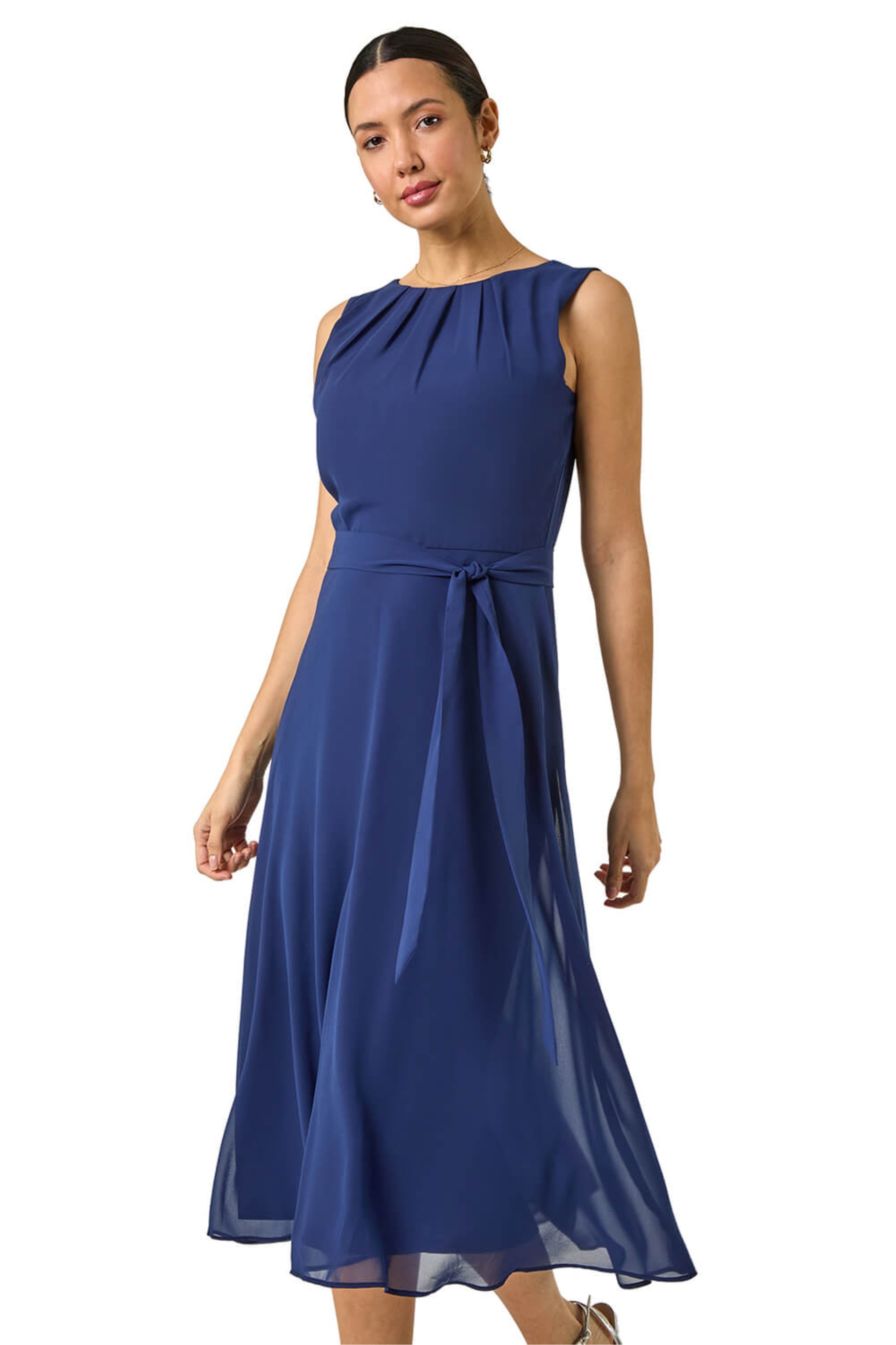 Roman Womens Chiffon Pleated Neck Midi Dress - Navy