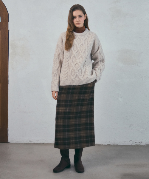Wool Pencil Check Skirt_Brown