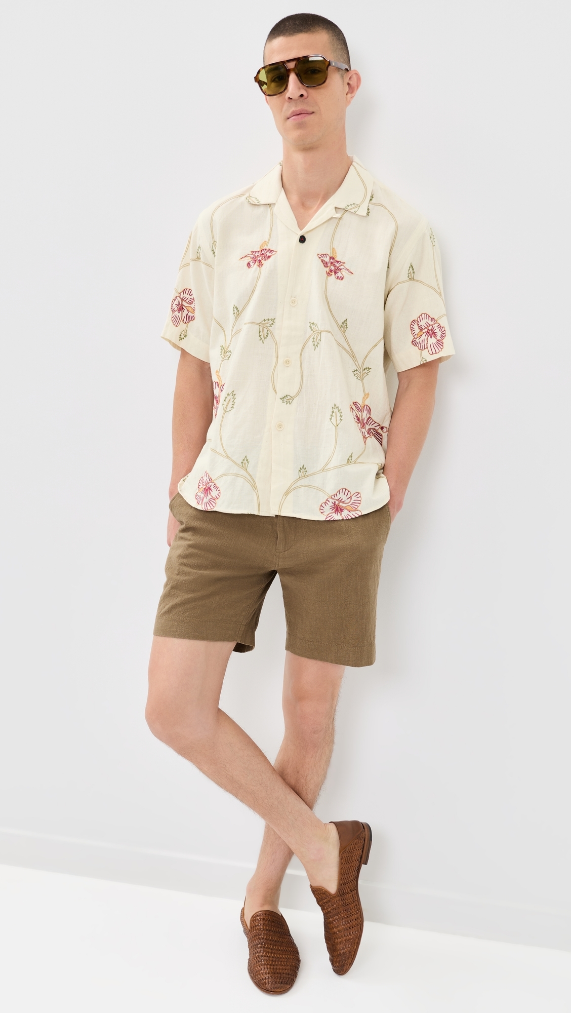 Ronen Hand Embroidered Floral Shirt Natural