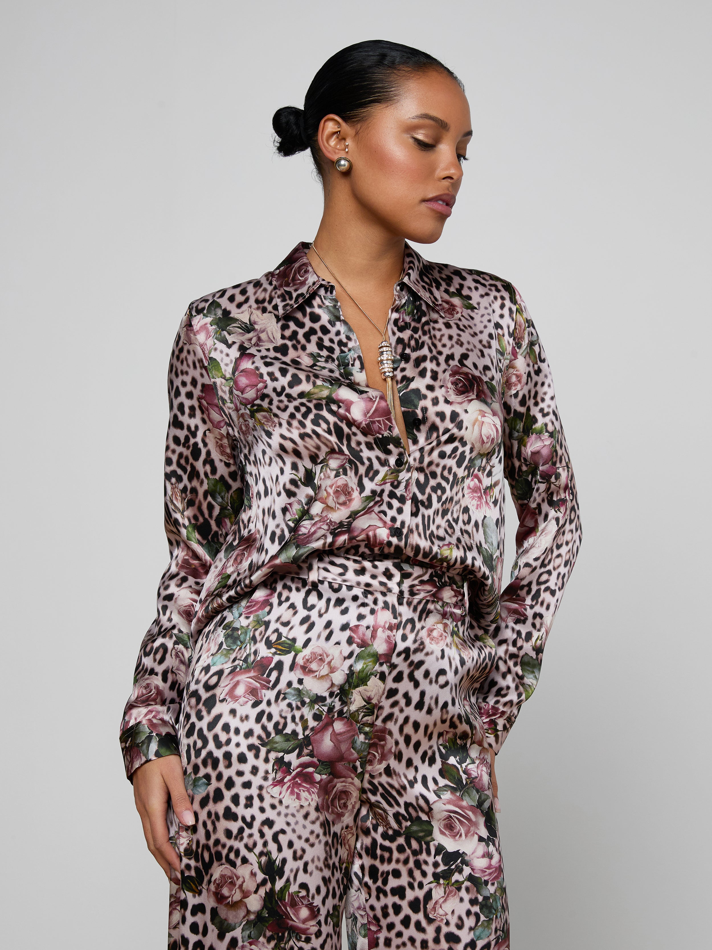 Tyler Silk Blouse Top In Multi Small Rose Cheetah