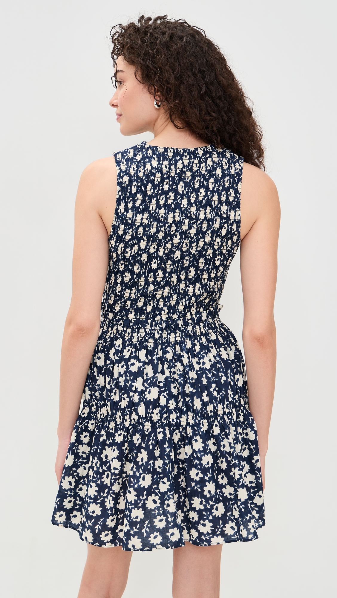 Lore Smocked Mini Dress Navy Floral Stamp
