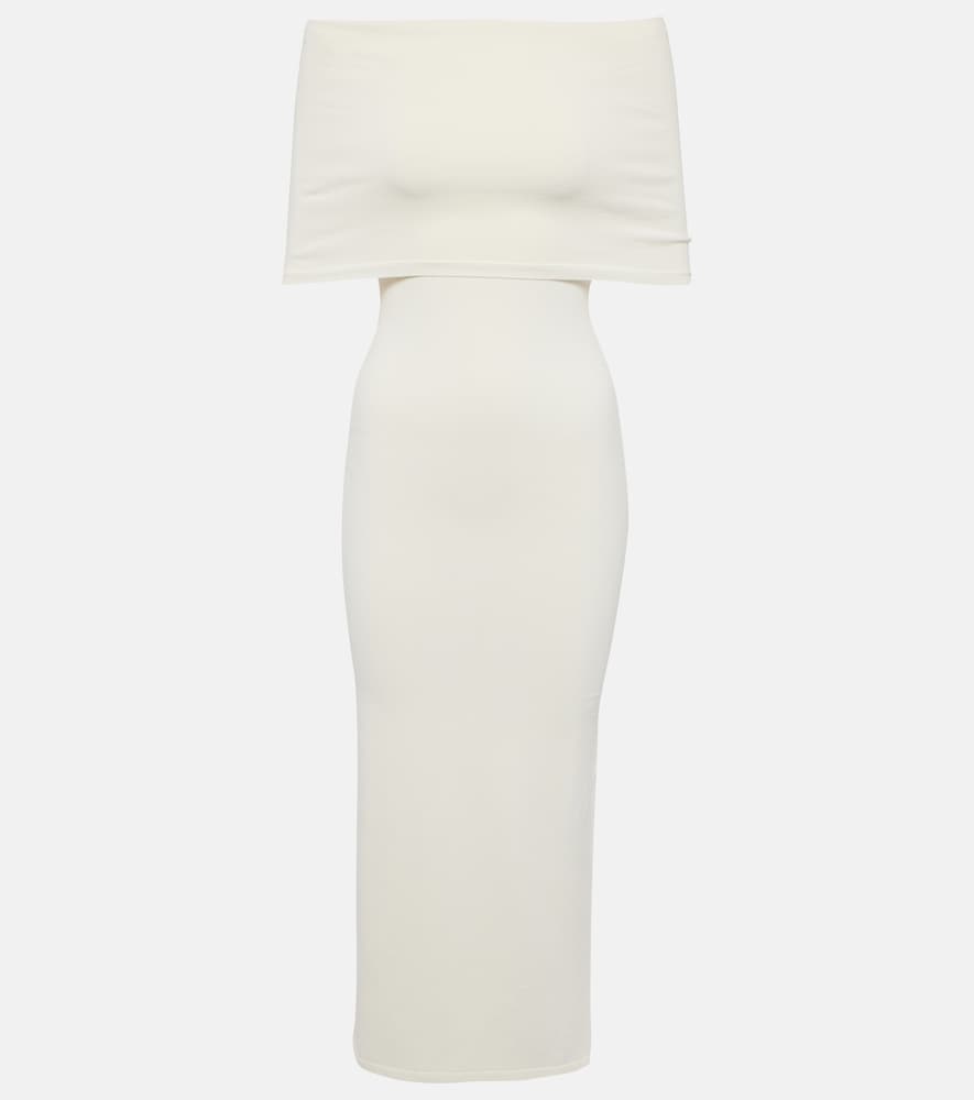 Off-shoulder ribbed-knit midi dress