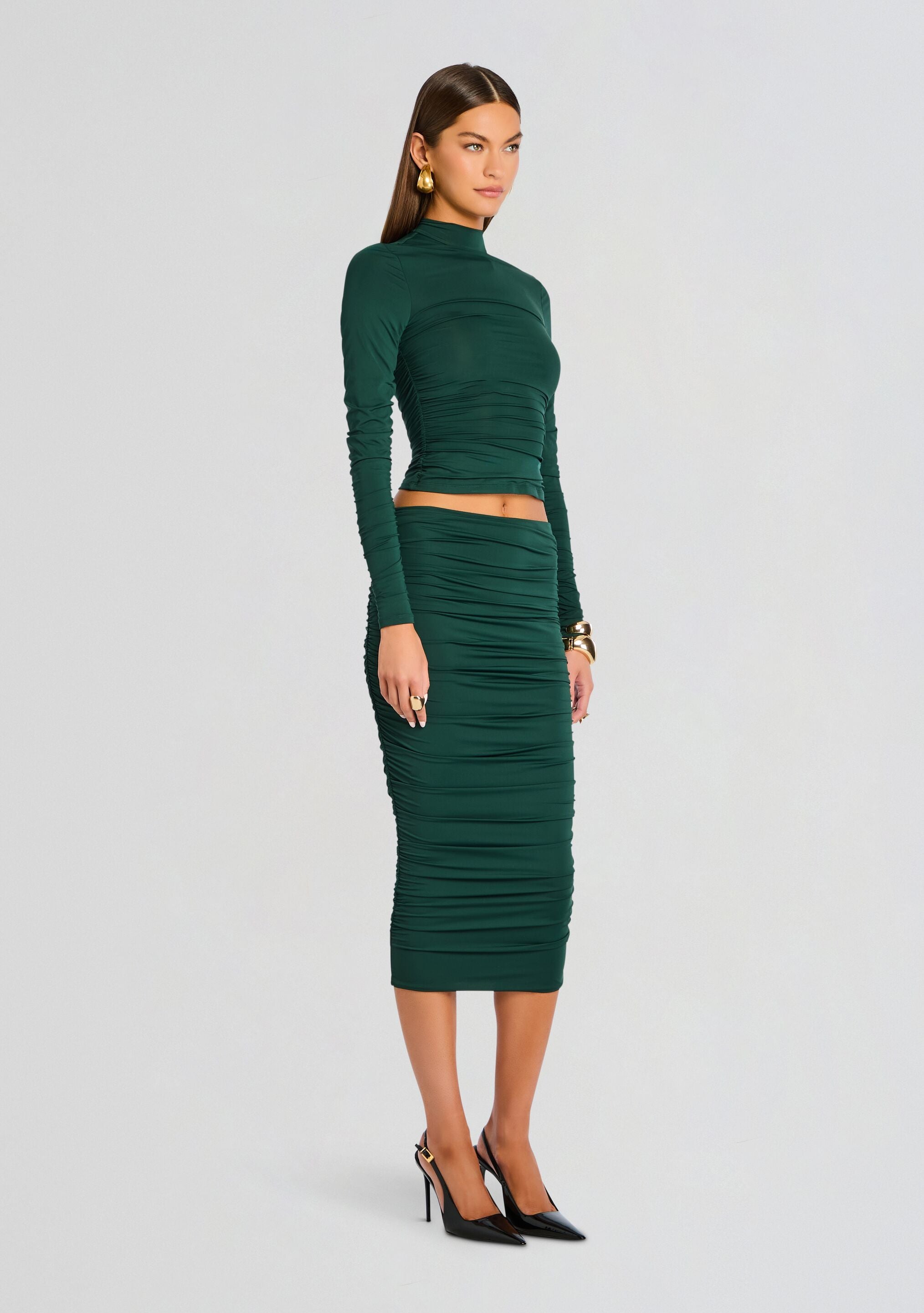 Darcy Mid Rise Ruched Midi Skirt
