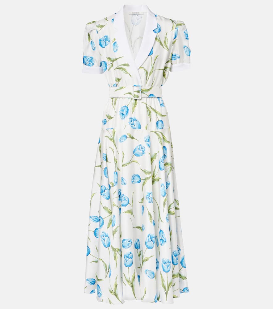 Belted floral silk twill midi dress