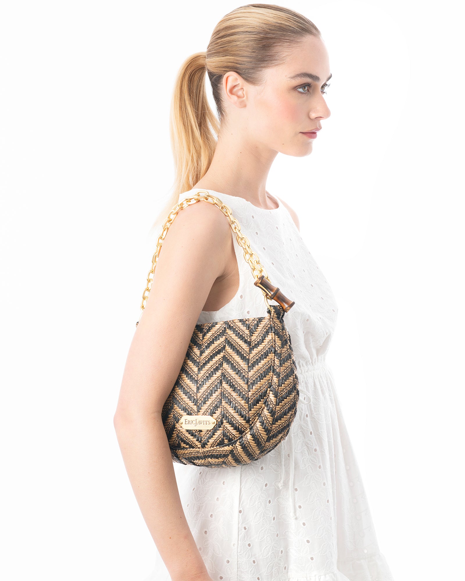 Chain Pouch Raffia - Black Mix, Zip Top Closure, Adjustable Chain Handle, Durable Canvas Lining, Phone and Sunglasses Pocket