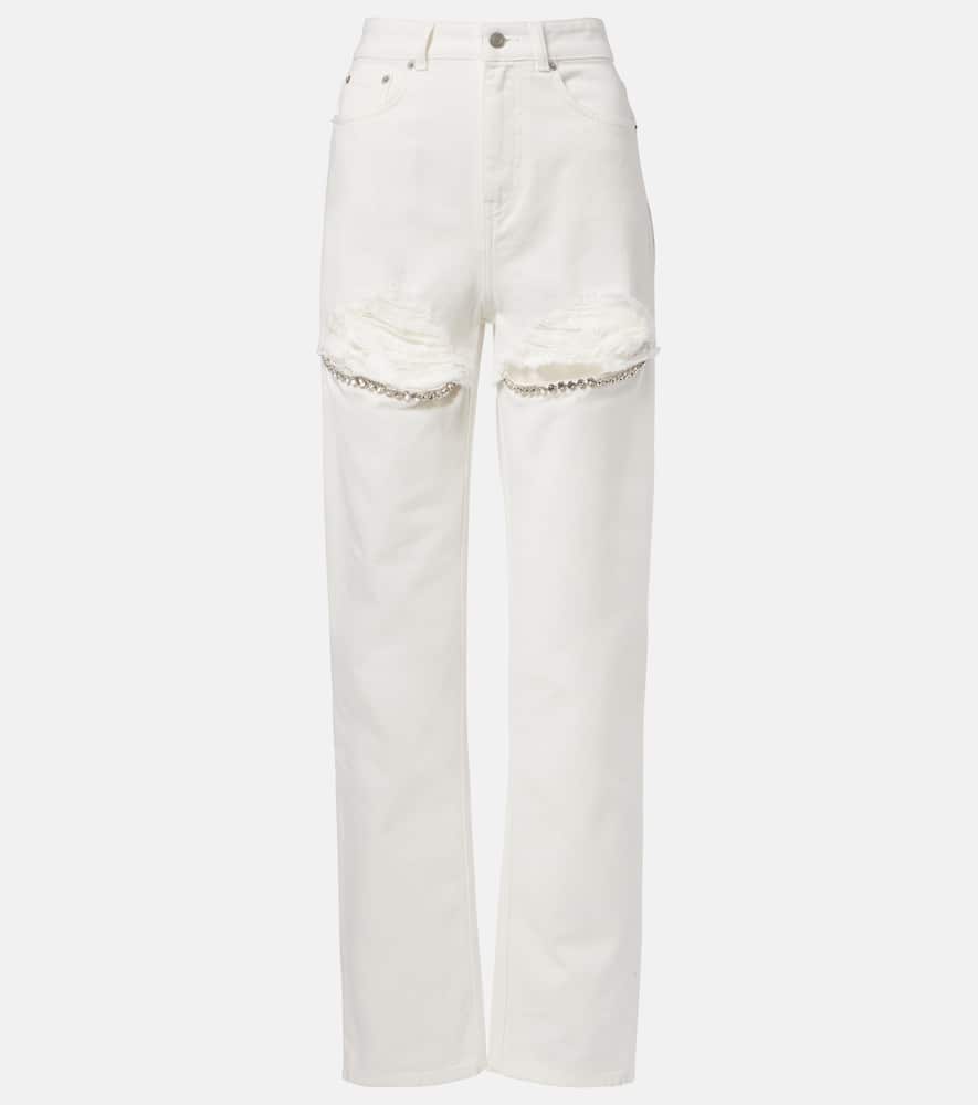 Distressed embellished wide-leg jeans