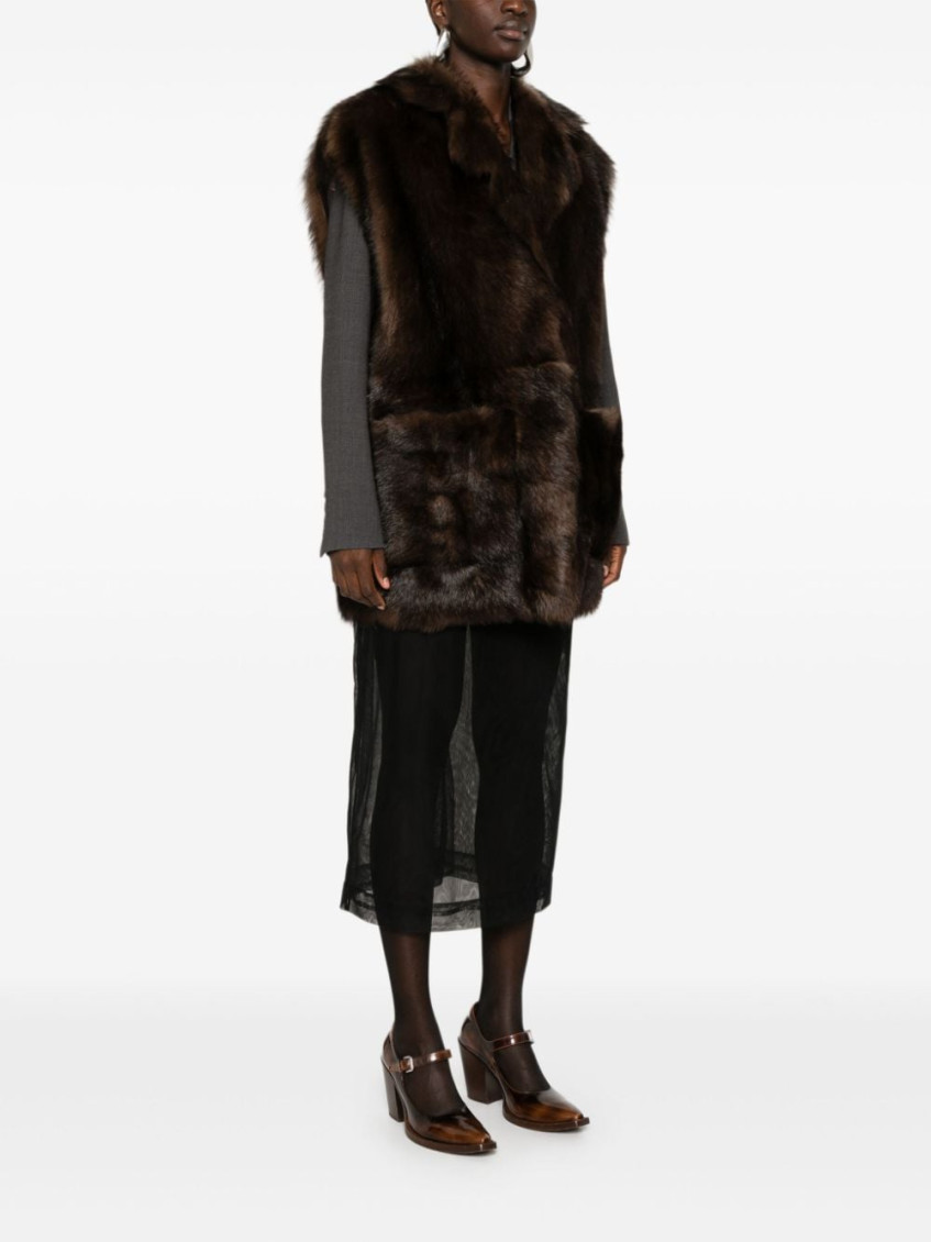 Brown Fur Sleeveless Trench Coat