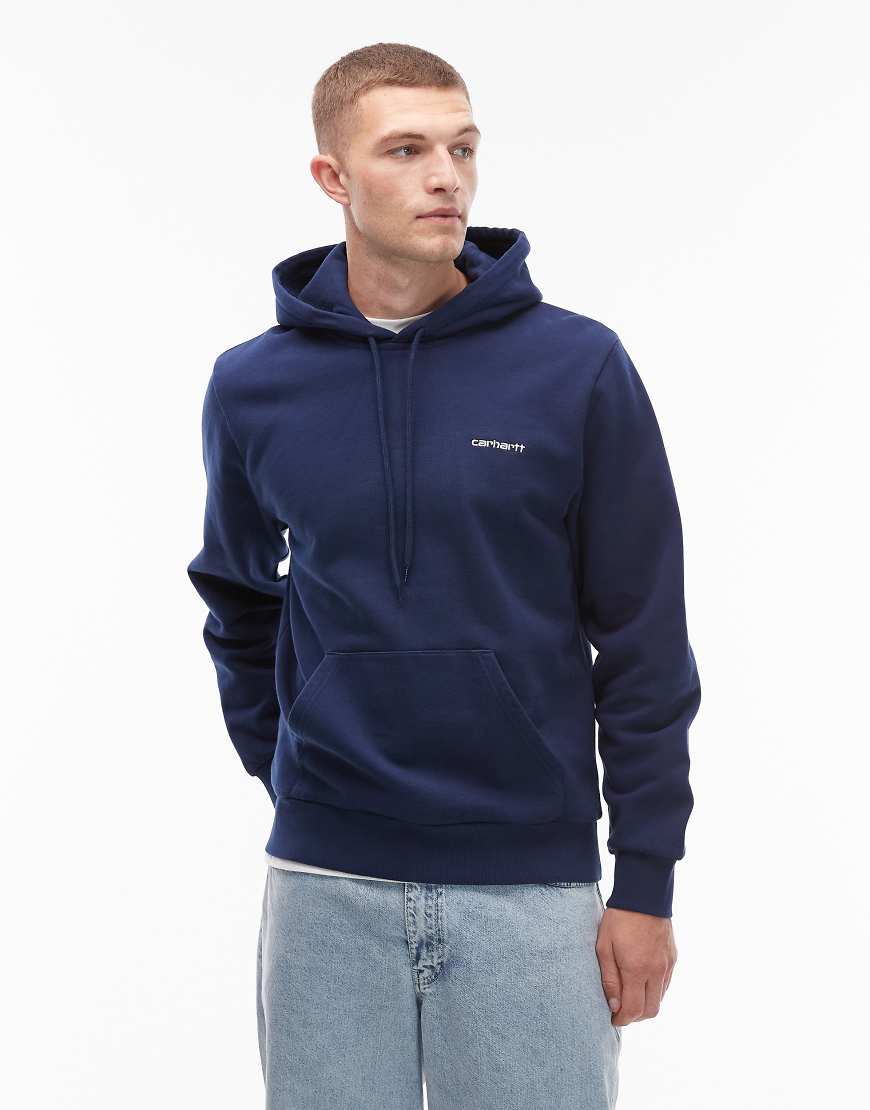 Script embroidery pullover hoodie in blue-Navy