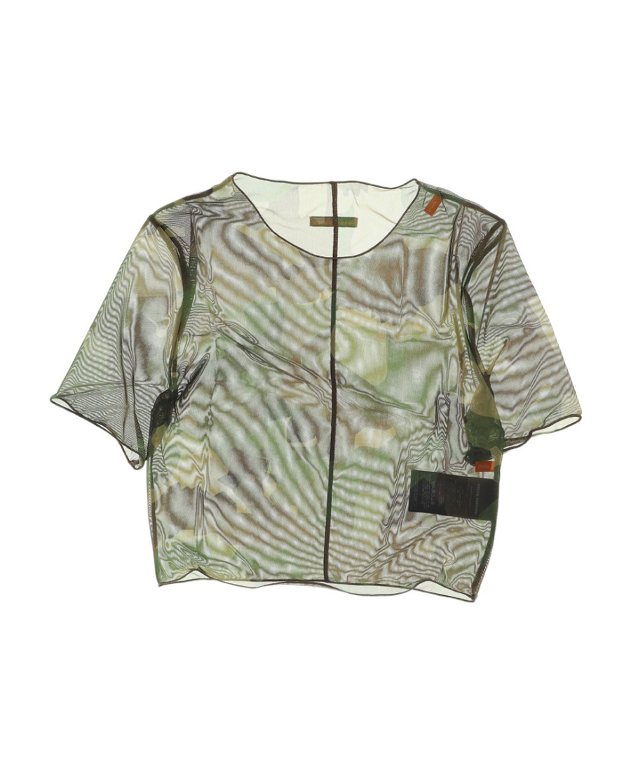 Camouflage-print mesh crop top